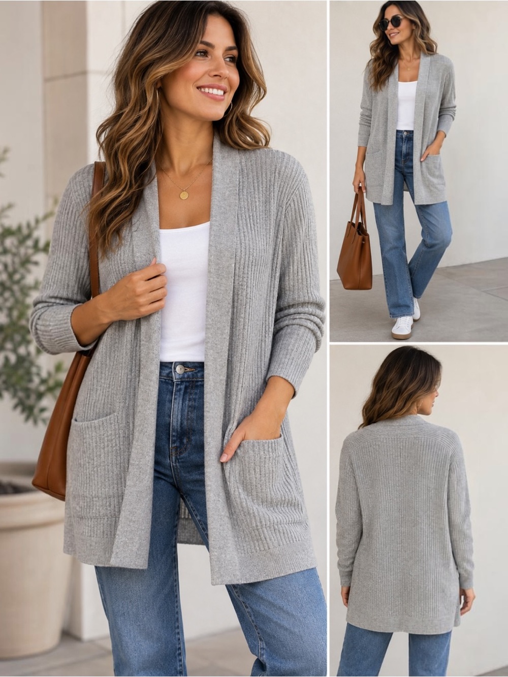 GAP Bella Open Front Cardigan Large Light Heather Gray Ribbed Knit Pockets